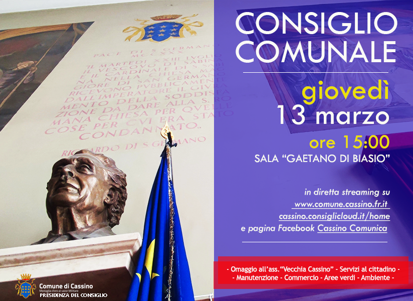 Volantino con scritta: "consiglio comunale giovedì 13 marzo ore 15.00 sala Gaetano di Biasio"