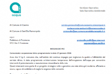 Acea, interruzione idrica programmata a Cassino e S.Elia per martedì 27 gennaio